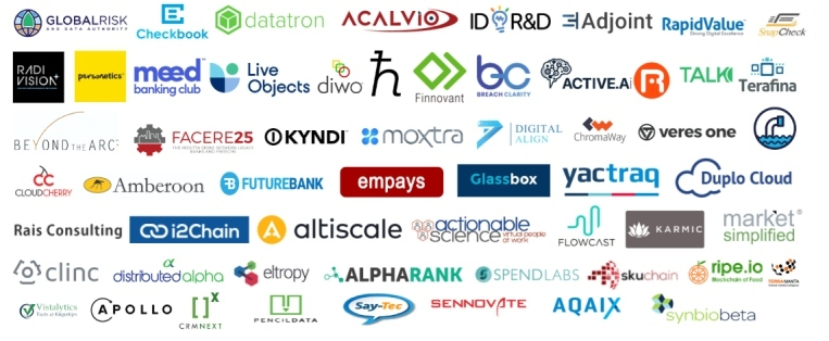 Original startup logo collection from the iValley venture studio flyer, including Checkbook, Datatron, Acalvio, Personetics, Finnovant, Glassbox and others